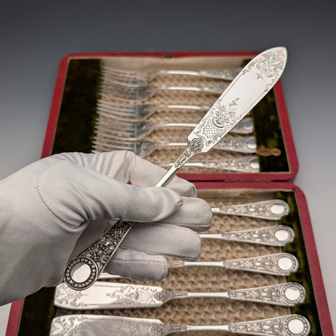 1905年左右 英國古董 銀器鍍銀製魚餐具6對 James Dixon&Sons 附木盒